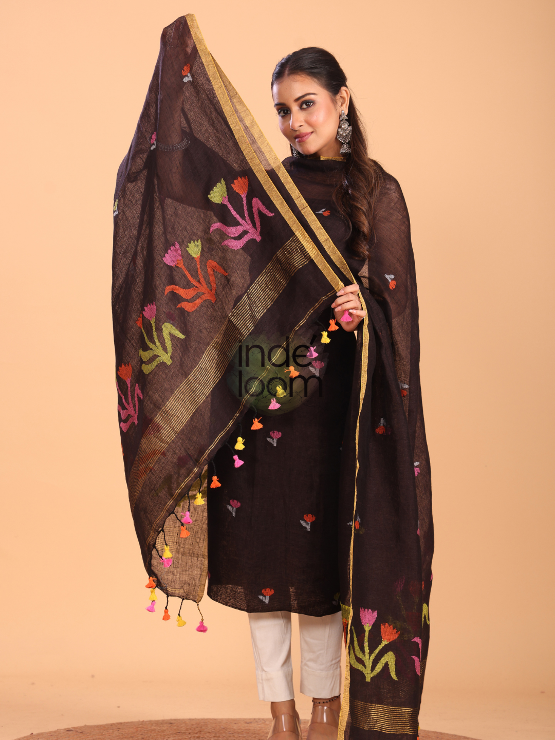 Warm Black Linen Jamdani 2-Piece Set Kurti & Dupatta (UNSTITCHED) - 079