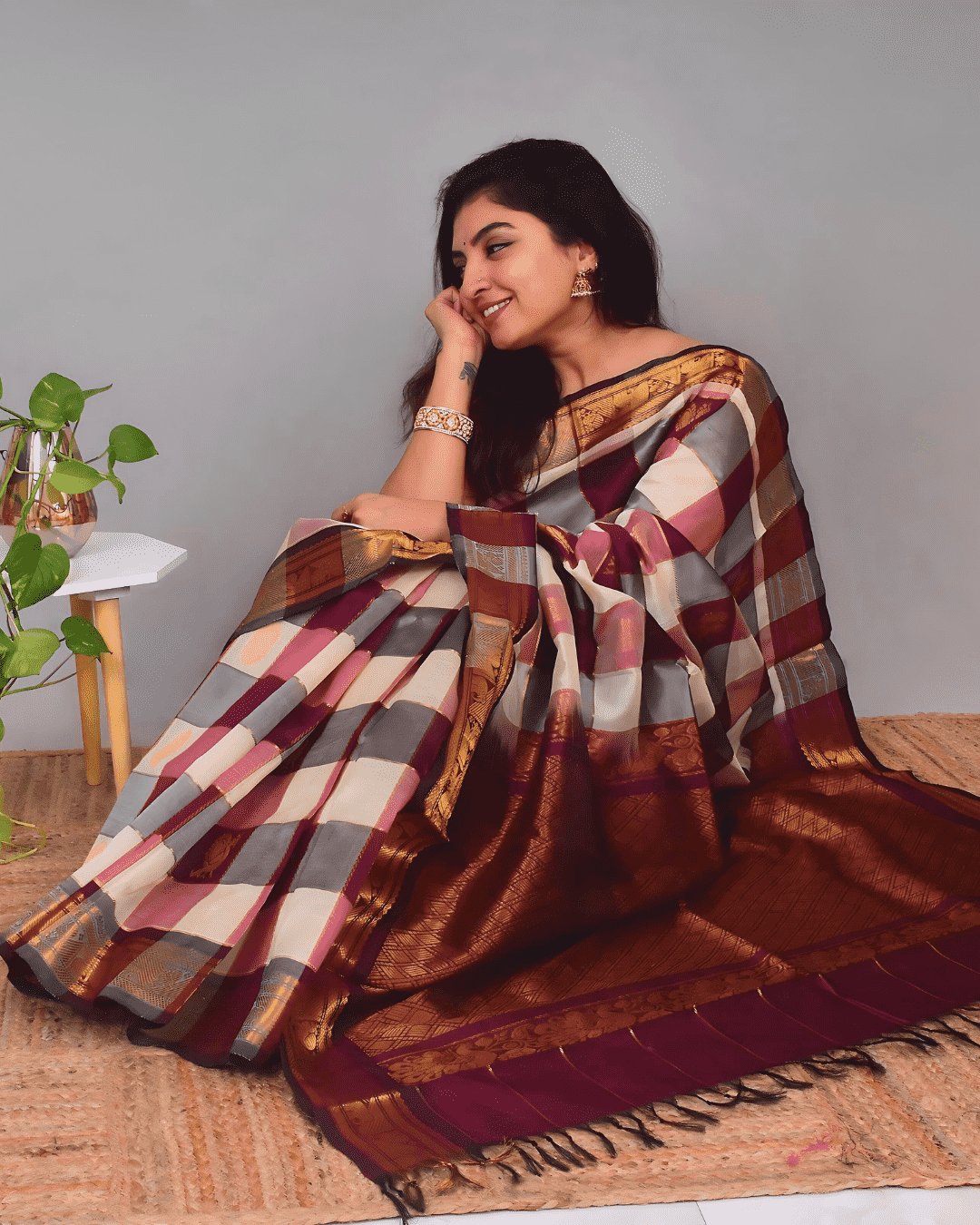 Pure Handloom Korvai Silk Cotton Mayil-Chakram Saree with Zari Checks White and Purple Border - 164