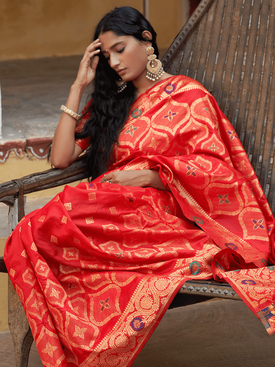 Chanderi Silk Ethnic Motifs Saree In Classic Red (Precision Looms) - 009 - indeloom