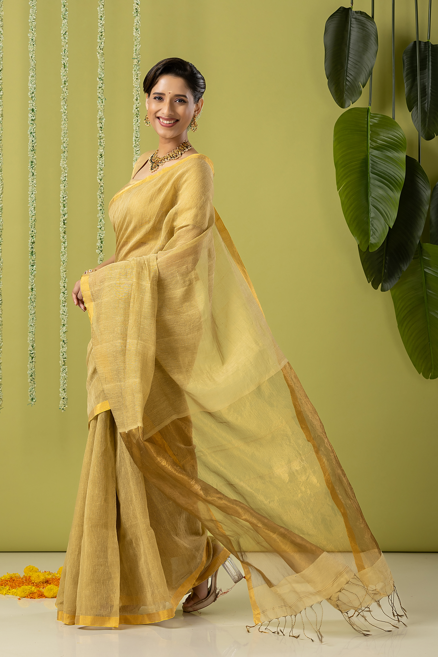 Pure Handloom Linen Saree | Khaki | Plain Body with Ribbon border