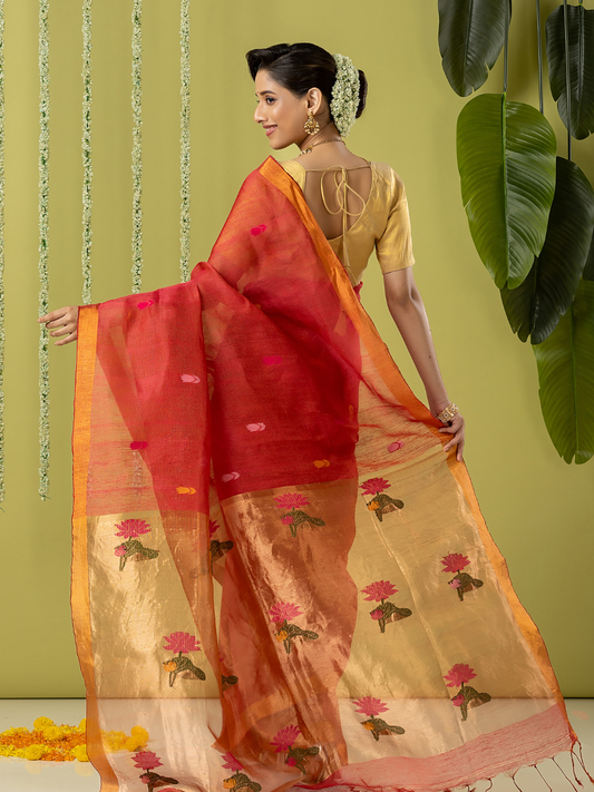 Handwoven Jamdani Silk Tissue Linen Saree | Classic Red