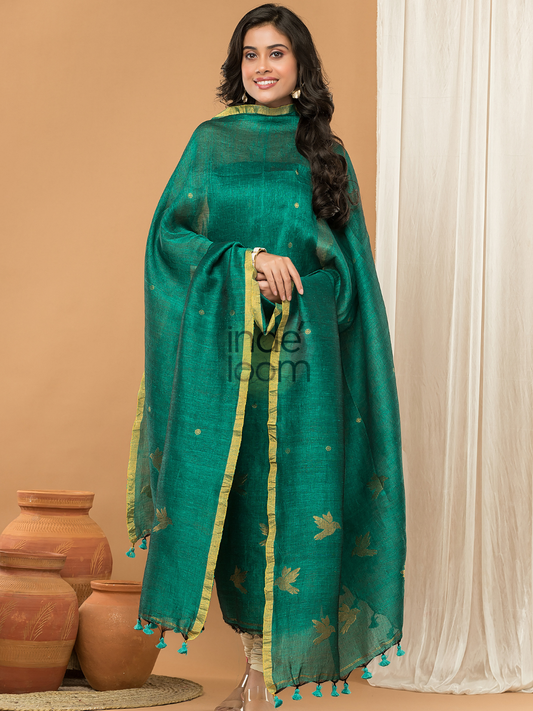 Handwoven Jamdani Cotton Linen Unstitched 2-piece Kurti  |  Bottle Green