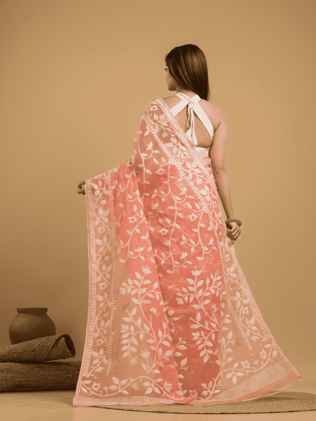 Coral Pink Cotton Silk Jamdani Saree - 030 - indeloom