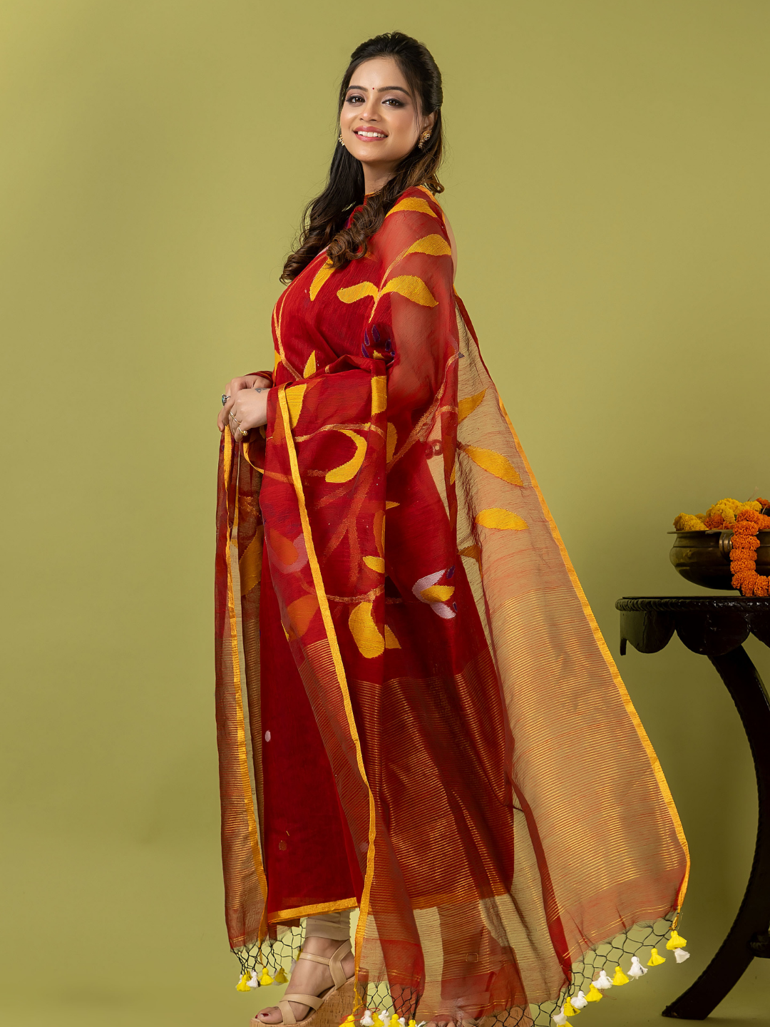 Handwoven Jamdani Silk Cotton Unstitched 2-piece Kurti | Deep Red