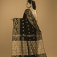 Coal Black Cotton Silk Jamdani Saree - 010 - indeloom