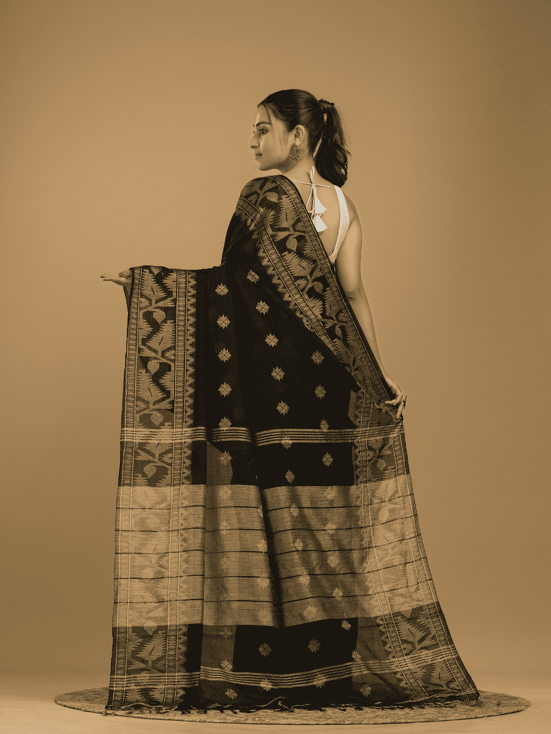 Coal Black Cotton Silk Jamdani Saree - 010 - indeloom