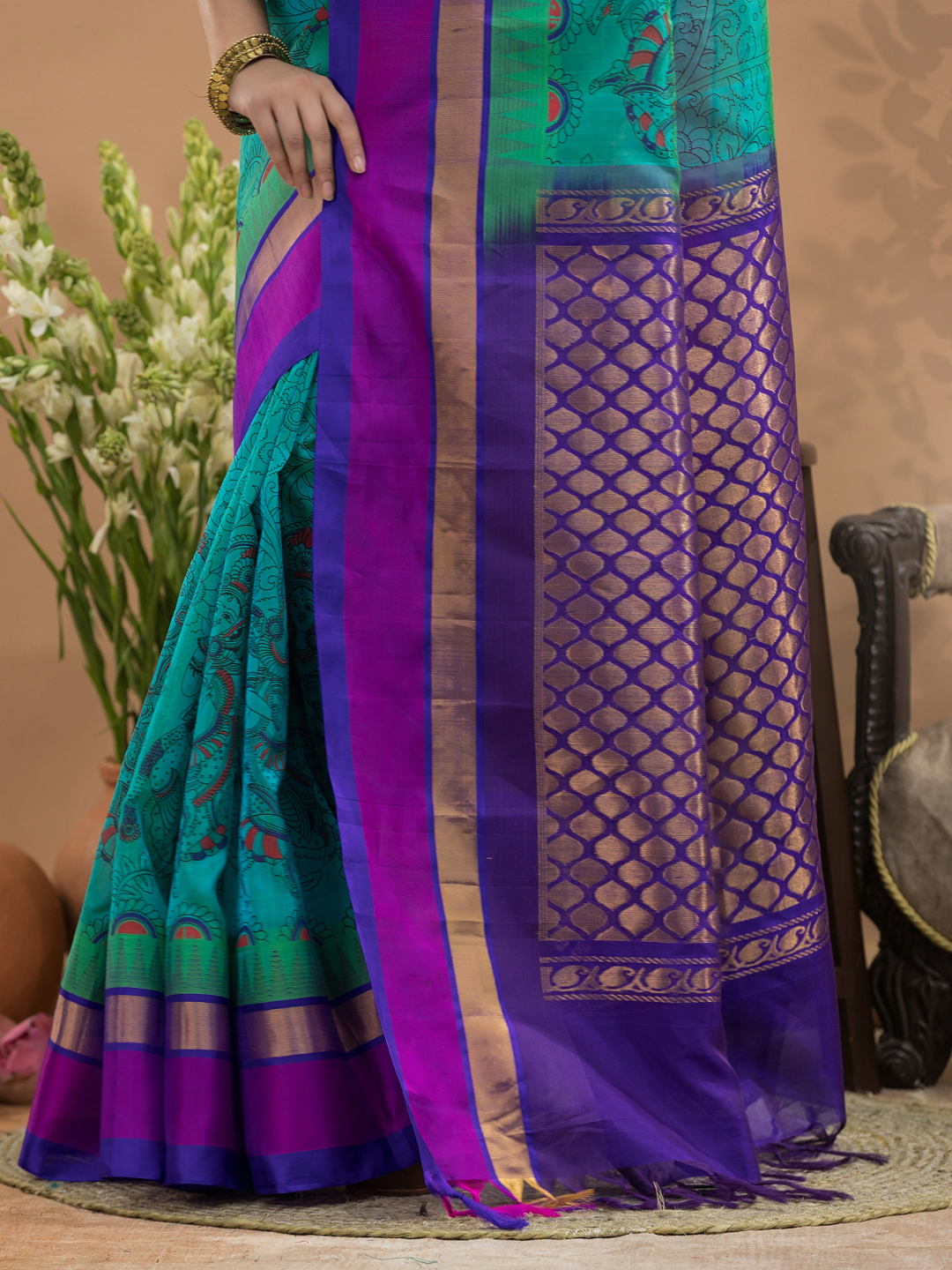 Sky Blue Purple Border Pure Handloom Korvai Silk Cotton Saree In-184