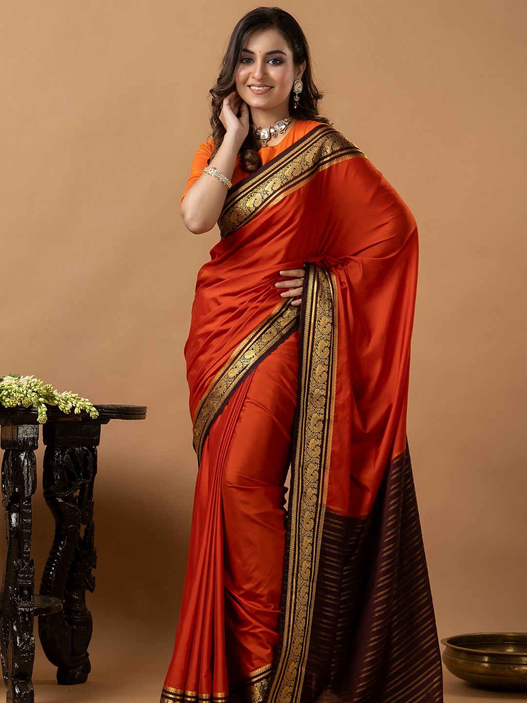 Classic Mysore Semi Silk Saree | Burnt Orange
