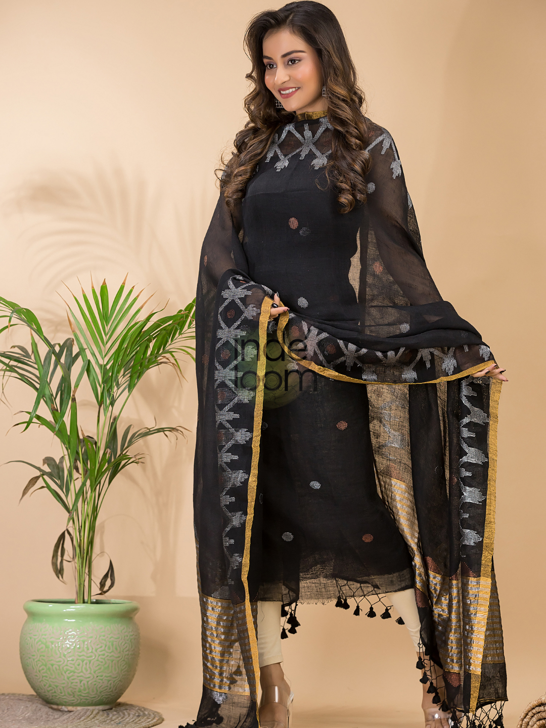 Rich Black Linen X Line 2-Piece Set Kurti & Dupatta (UNSTITCHED) - 121