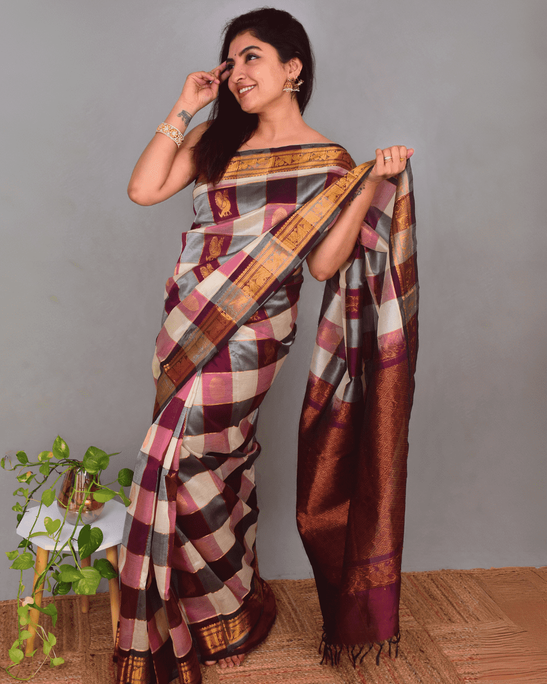 Pure Handloom Korvai Silk Cotton Mayil-Chakram Saree with Zari Checks White and Purple Border - 164