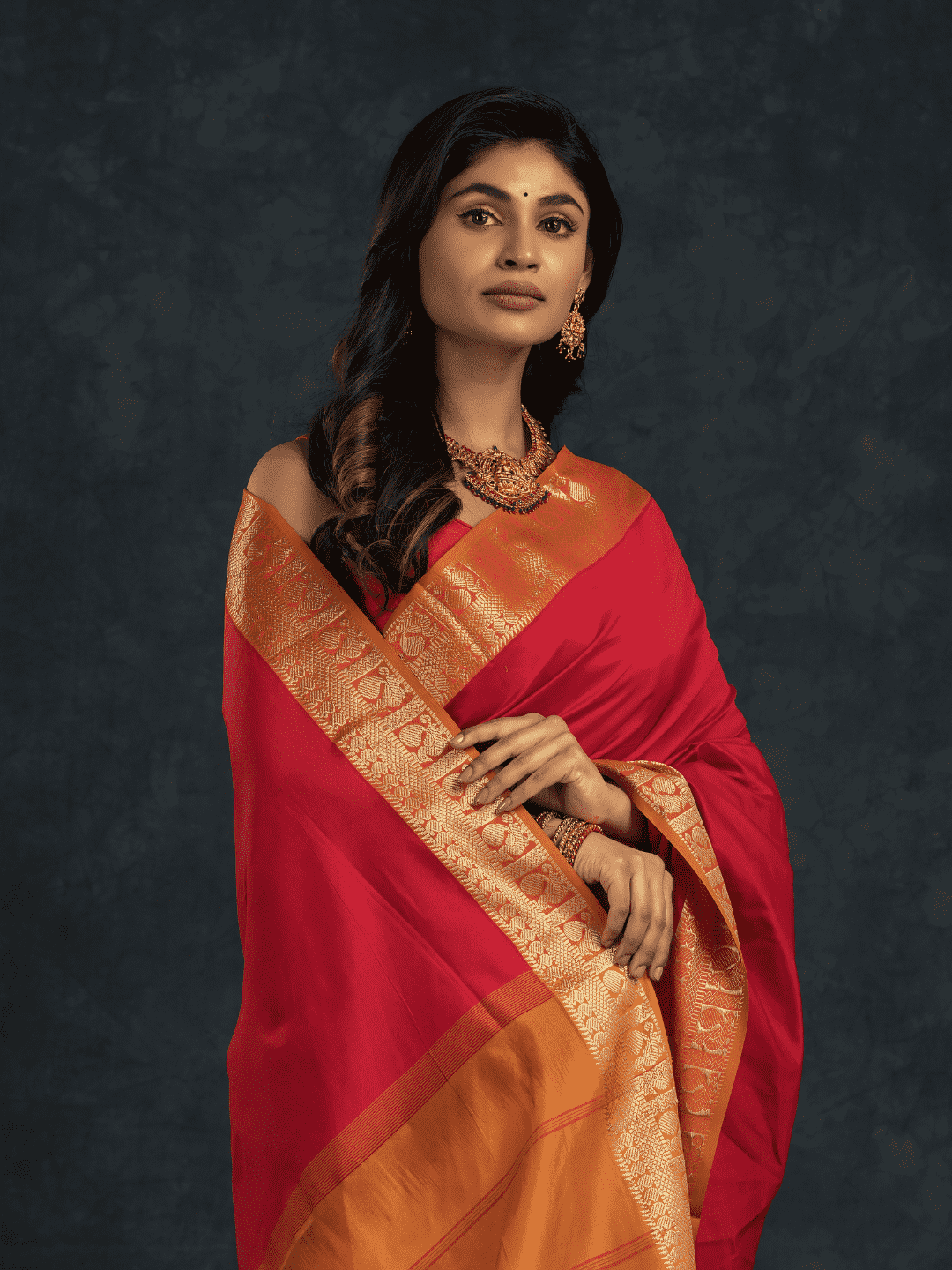 Pure Handloom Korvai Saree in Passion Red & Mustard With Golden Pecock - 185