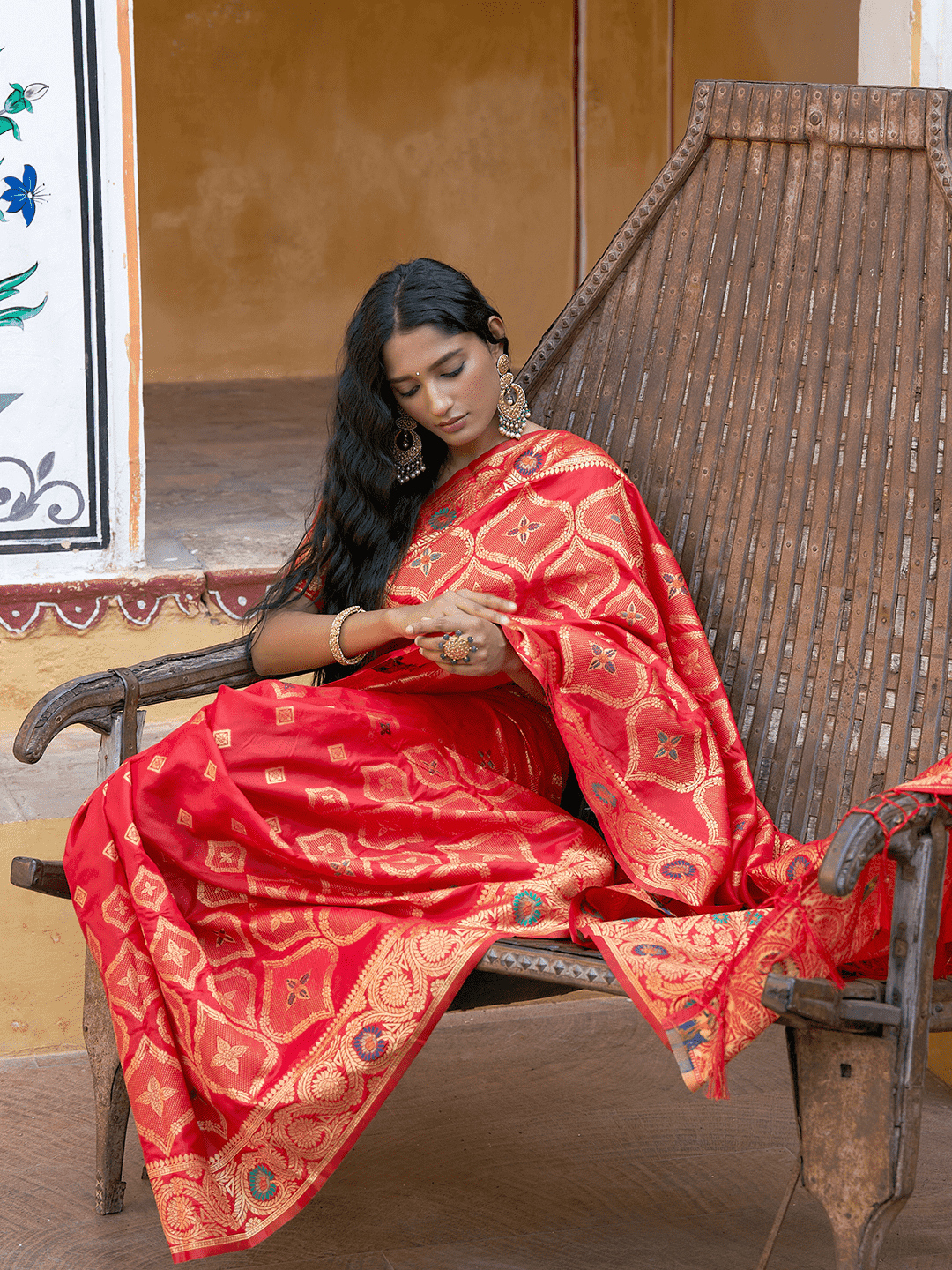 Chanderi Silk Ethnic Motifs Saree In Classic Red (Precision Looms) - 009 - indeloom