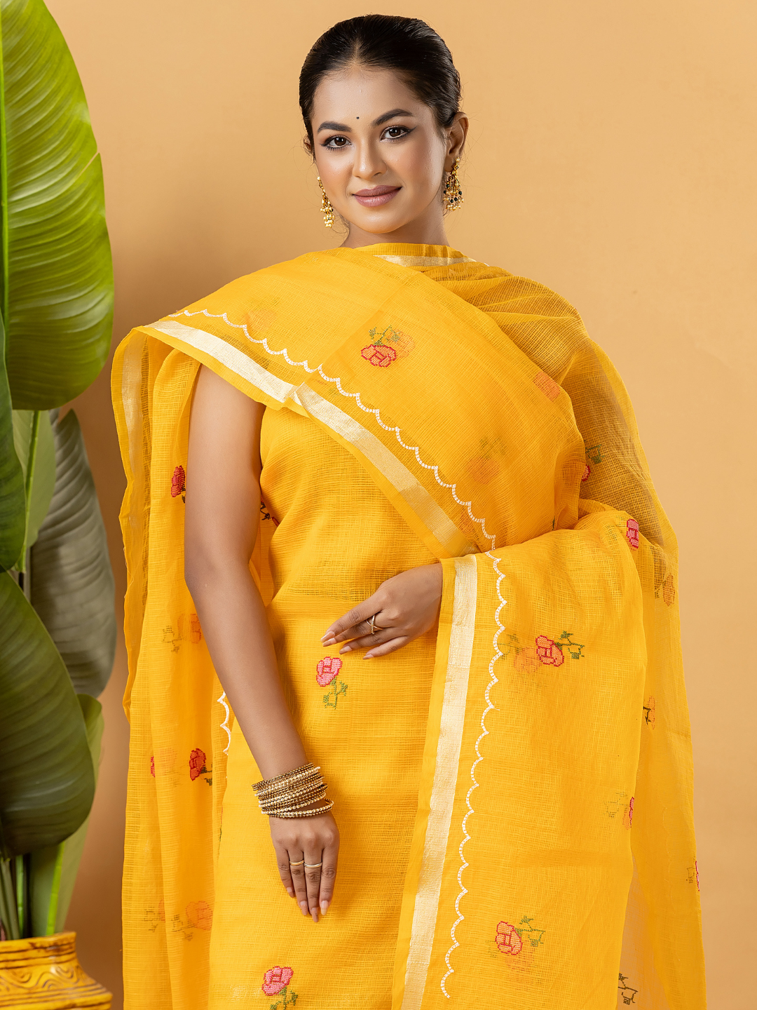 Classic Kota Doria Cotton Unstitched 2-Piece Kurti | Marigold Yellow