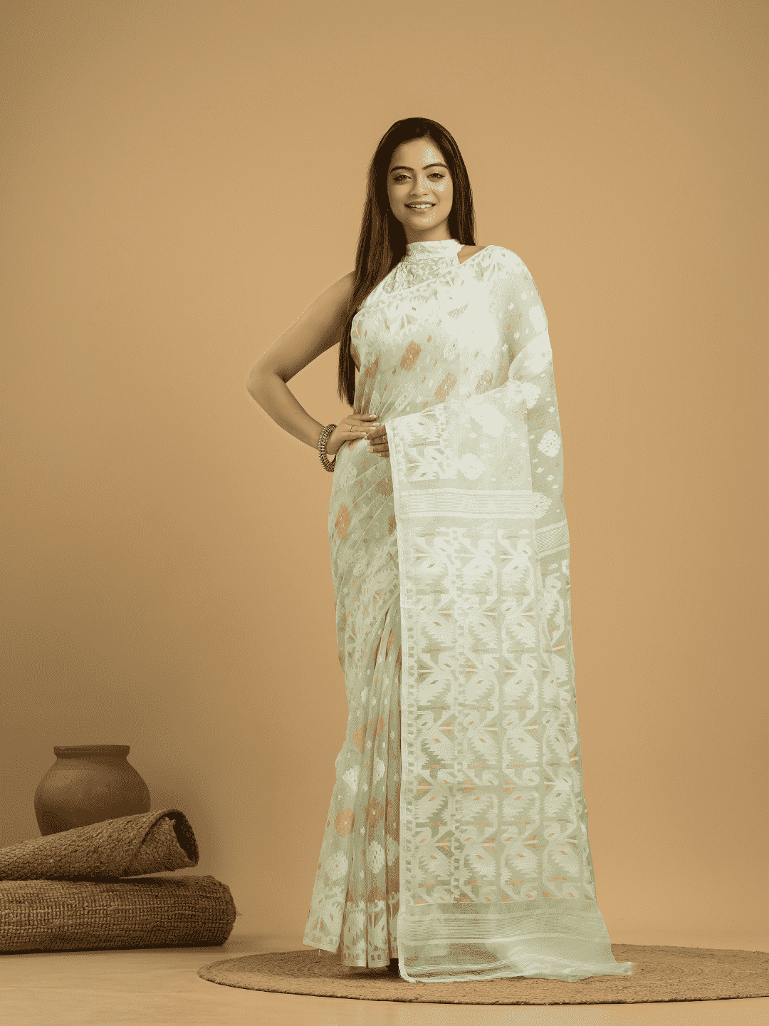 Light Green Jamdani Saree - 052 - indeloom
