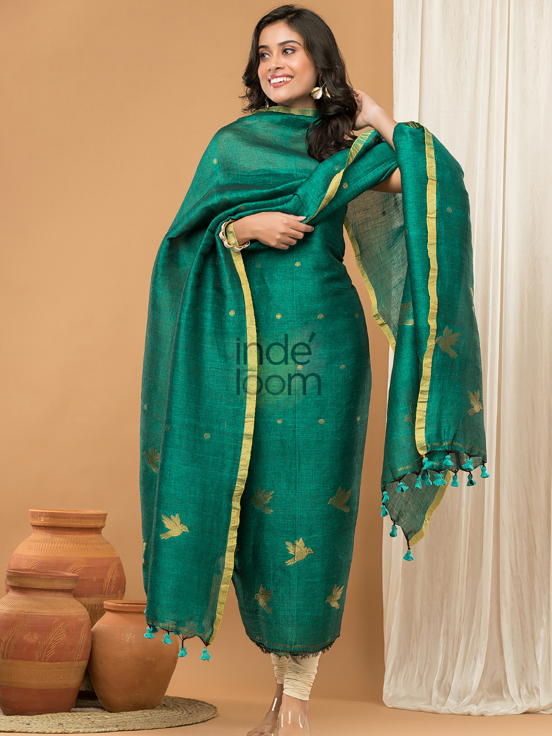 Bottle Green color Jamdani 2-Piece Set Kurti & Dupatta (UNSTITCHED) - 147