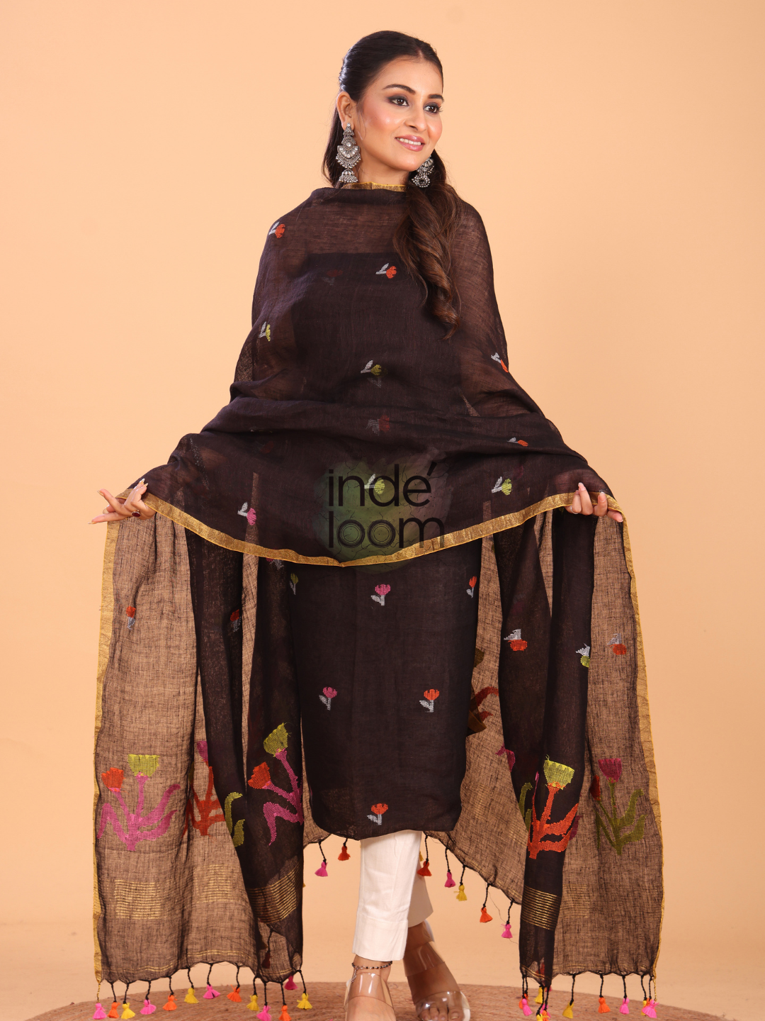Warm Black Linen Jamdani 2-Piece Set Kurti & Dupatta (UNSTITCHED) - 079