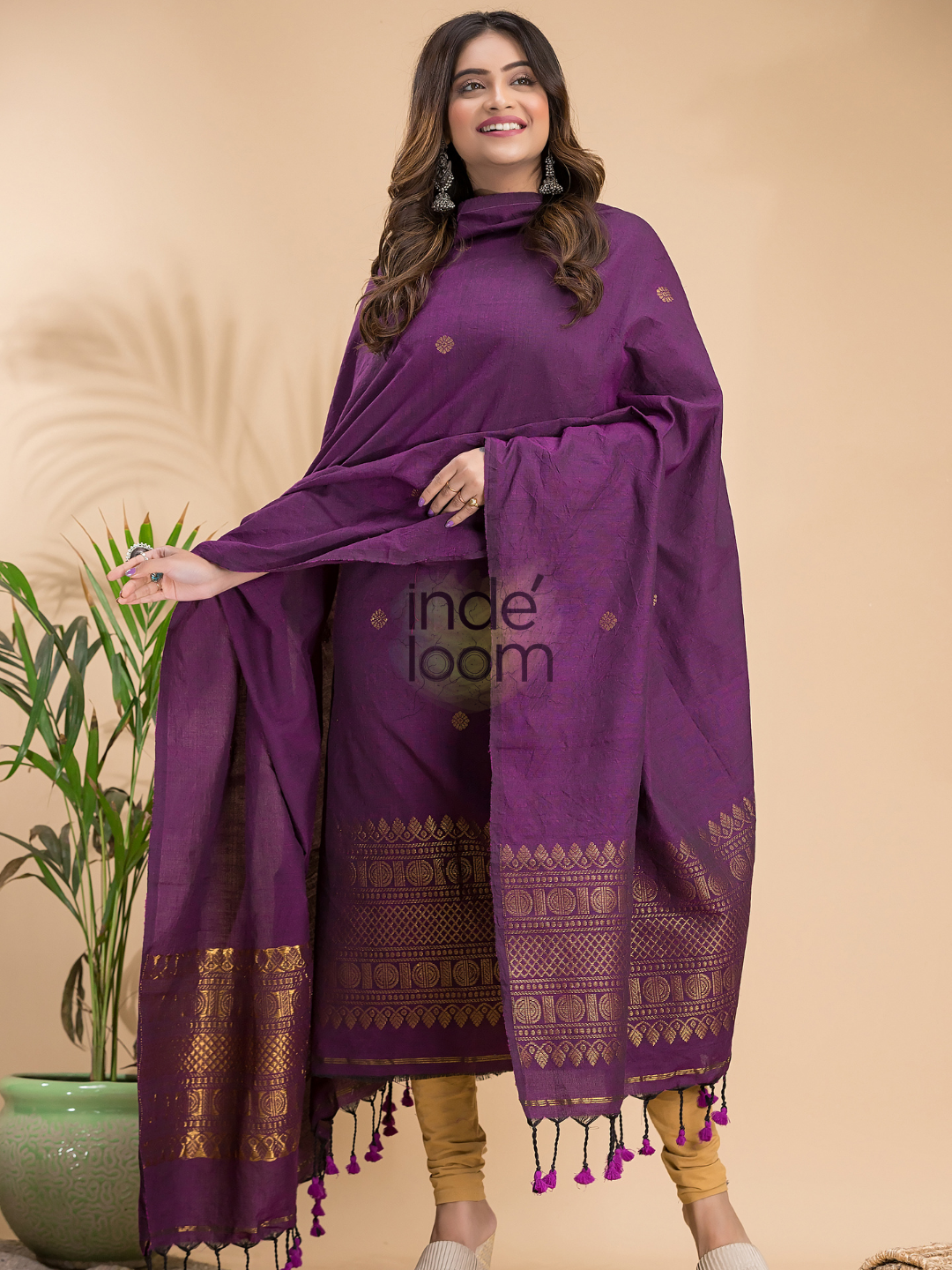 Plum Purple | Handloom Jamdani Linen Unstitched 2-Piece Kurti