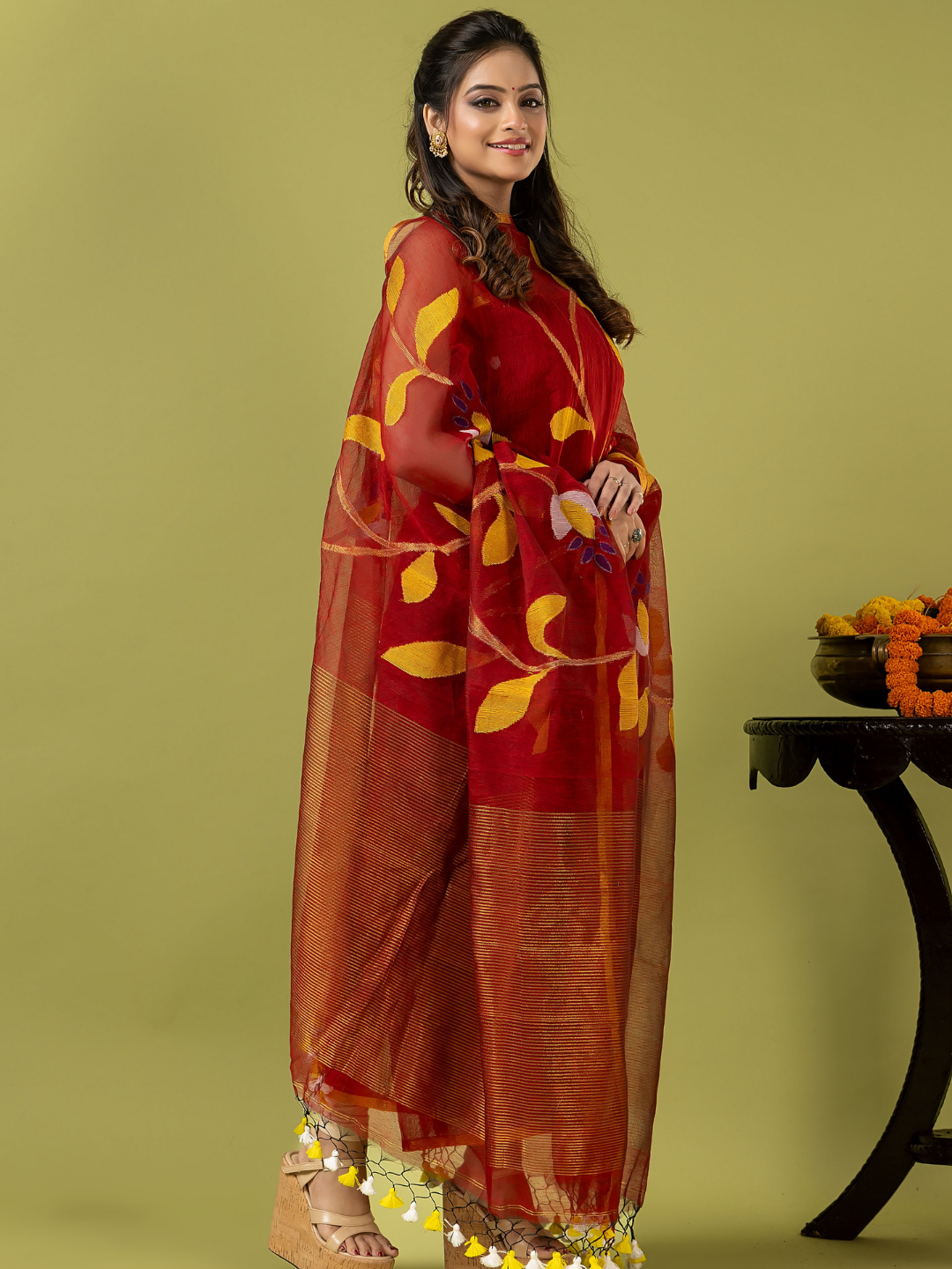 Handwoven Jamdani Silk Cotton Unstitched 2-piece Kurti | Deep Red