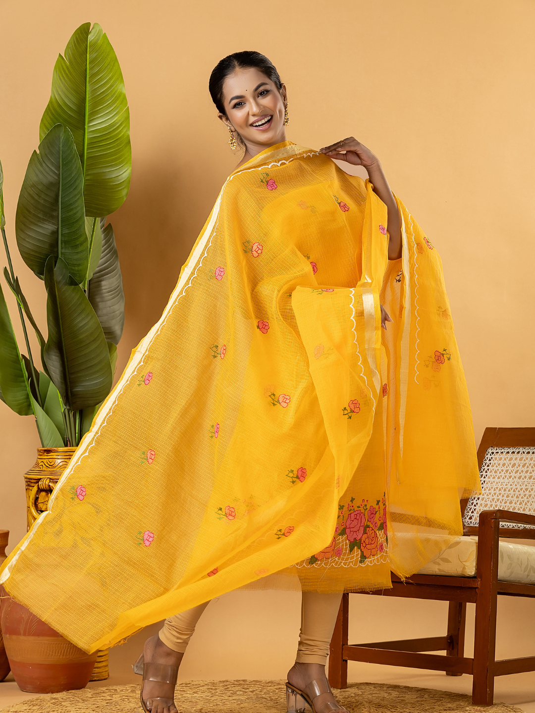 Classic Kota Doria Cotton Unstitched 2-Piece Kurti | Marigold Yellow