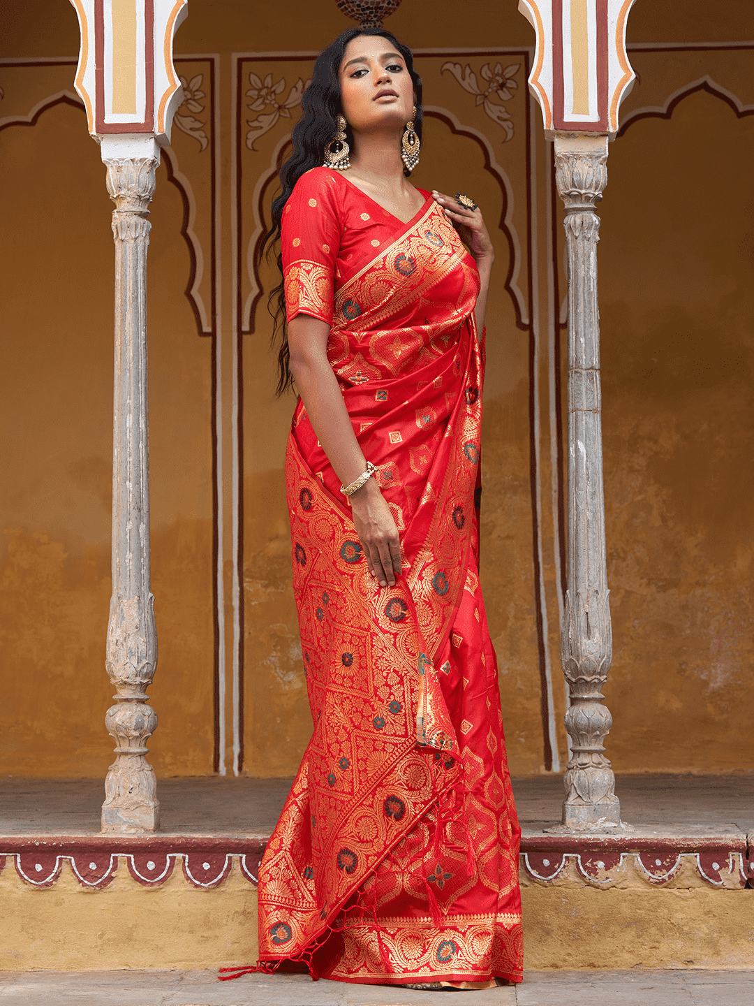 Chanderi Silk Ethnic Motifs Saree In Classic Red (Precision Looms) - 009 - indeloom