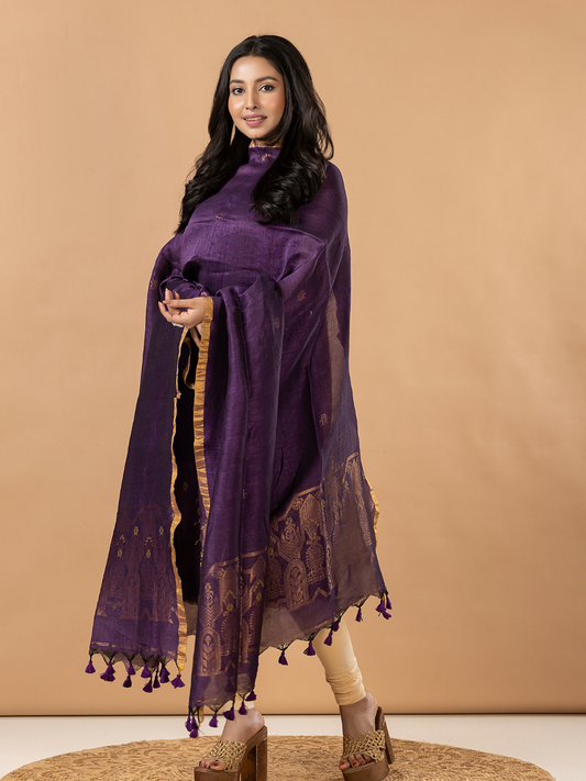Handwoven Jamdani Linen Unstitched 2-Piece Kurti | Deep Violet