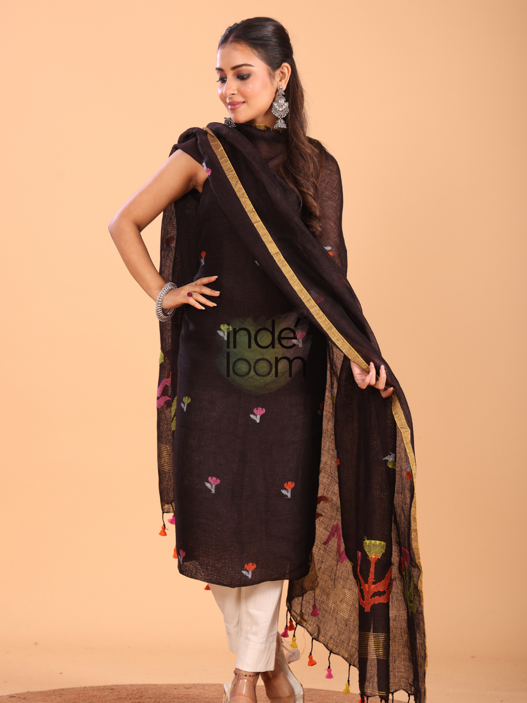 Warm Black Linen Jamdani 2-Piece Set Kurti & Dupatta (UNSTITCHED) - 079