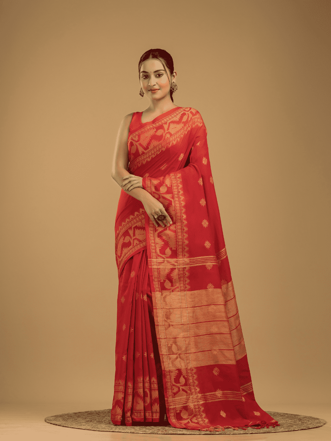Classic Red Cotton Silk Jamdani Saree - 011 - indeloom