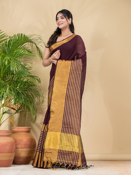 Cotton Linen Handloom Saree With Umber Brown - 016