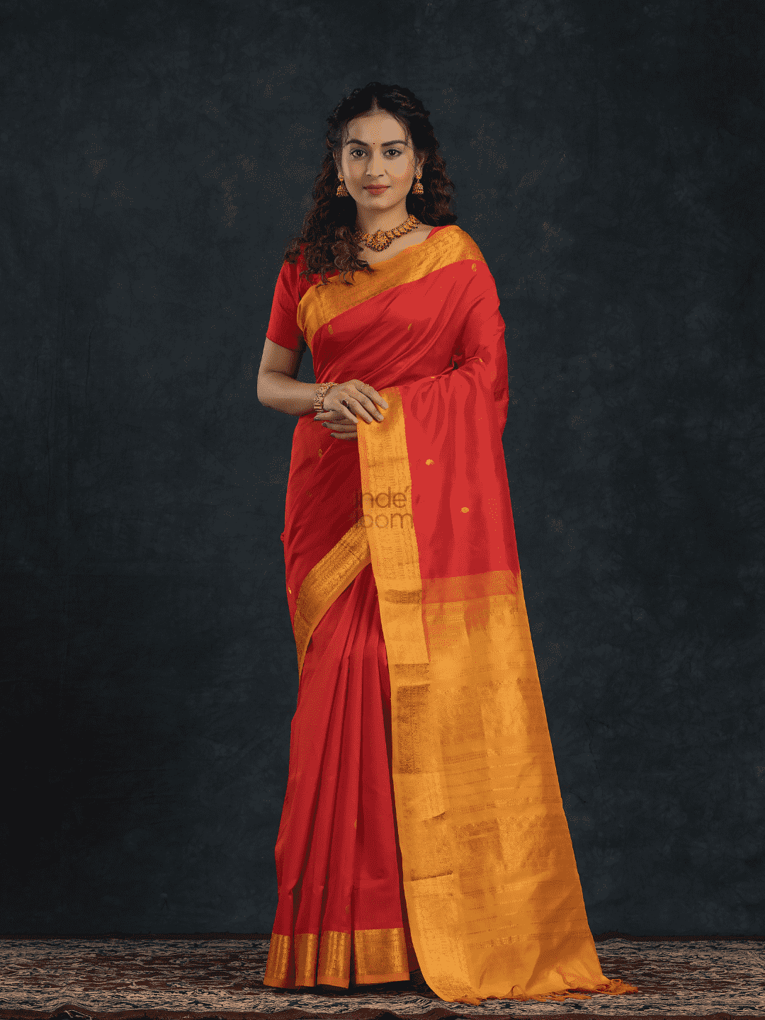 Pure Handloom Korvai Saree | Classic Korvai with small zari buttas | Red and Yellow