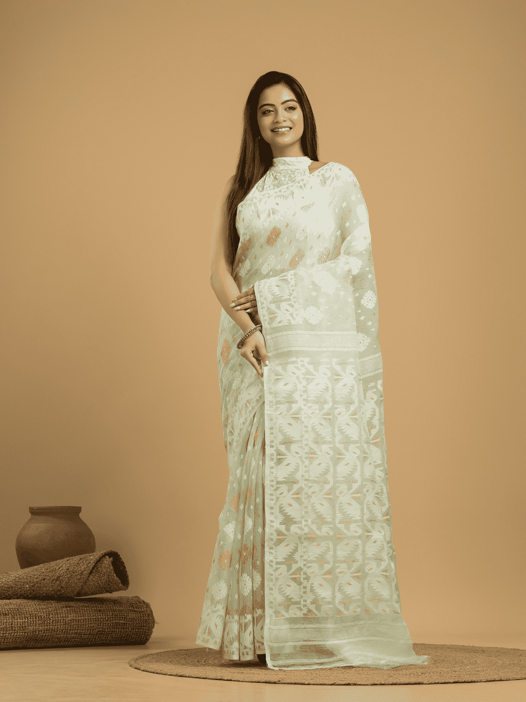 Light Green Jamdani Saree - 052 - indeloom
