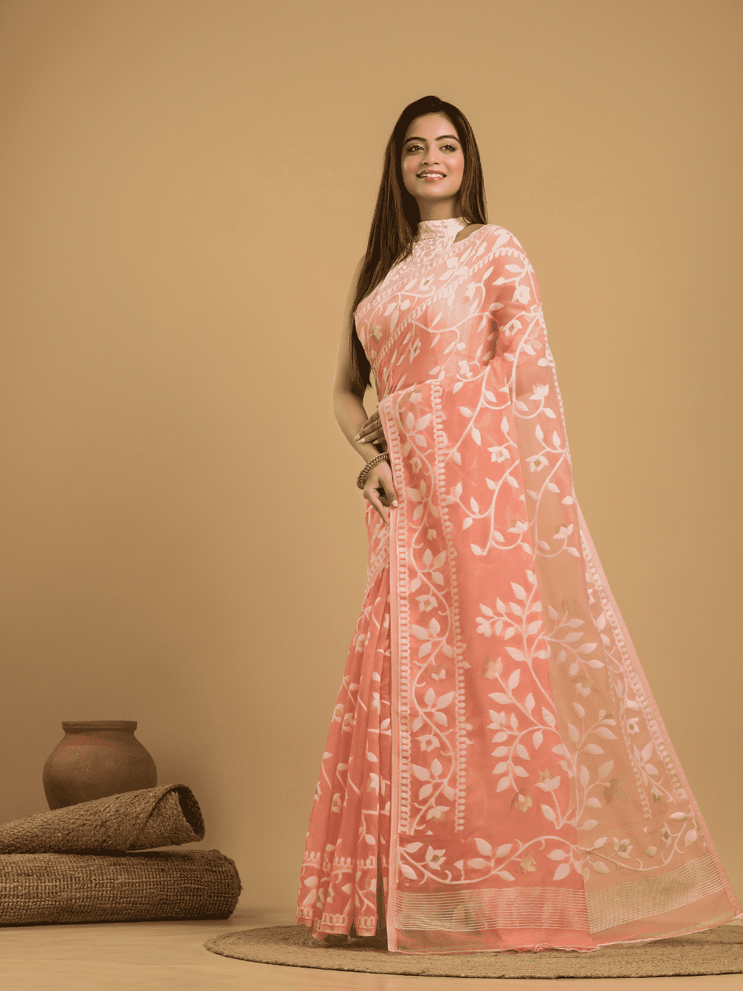 Coral Pink Cotton Silk Jamdani Saree - 030 - indeloom