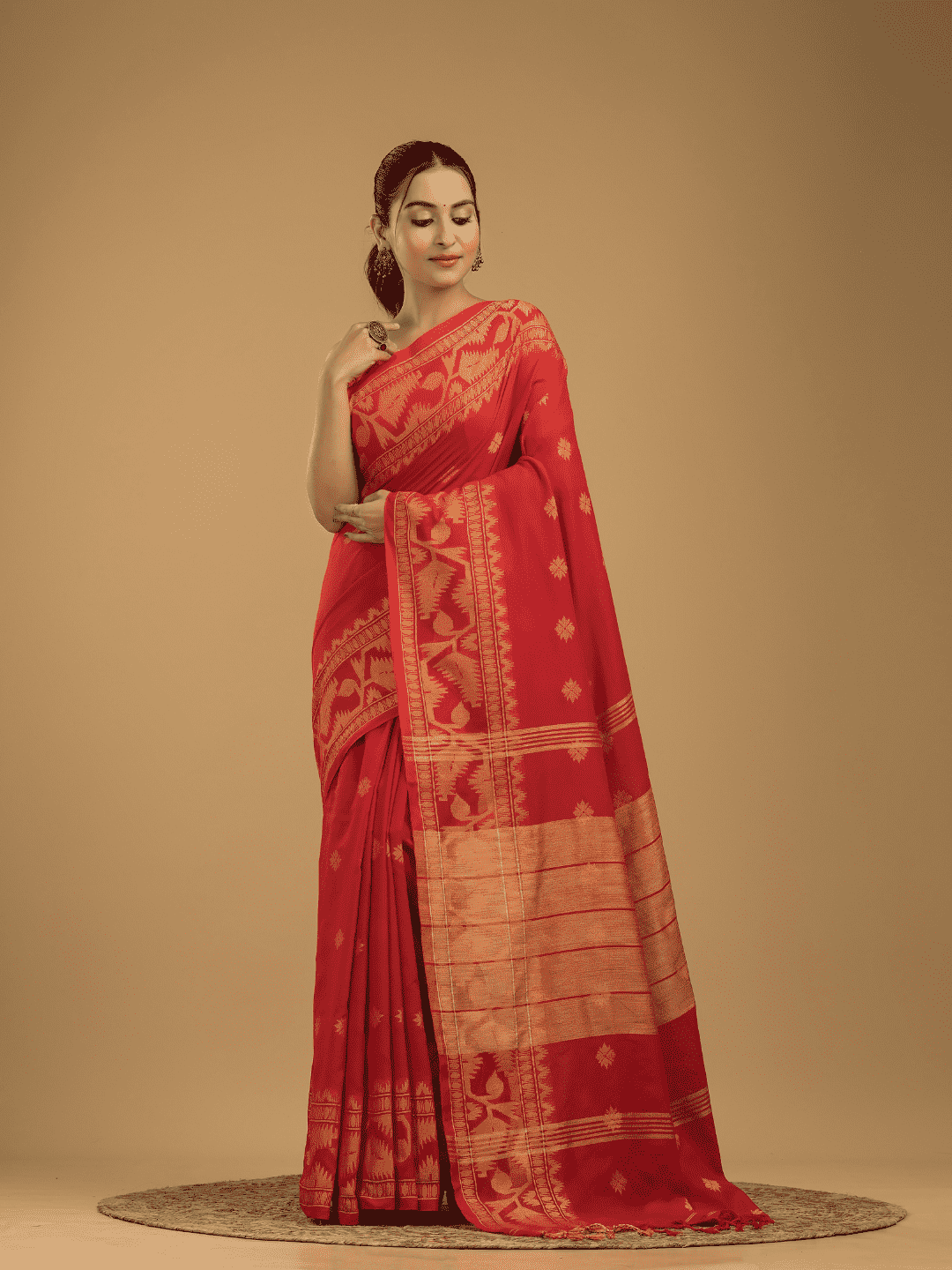 Classic Red Cotton Silk Jamdani Saree - 011 - indeloom