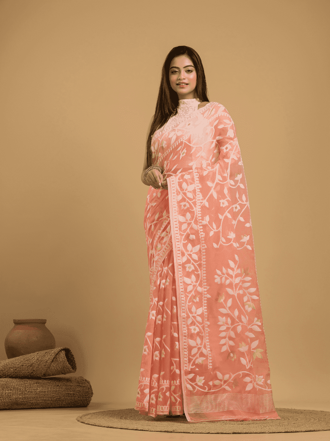 Coral Pink Cotton Silk Jamdani Saree - 030 - indeloom