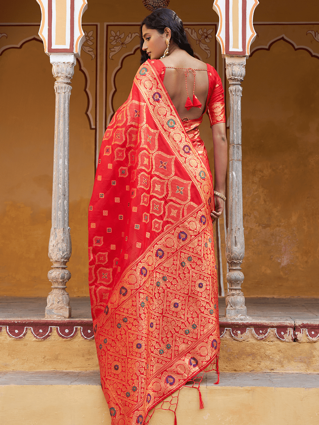 Chanderi Silk Ethnic Motifs Saree In Classic Red (Precision Looms) - 009 - indeloom