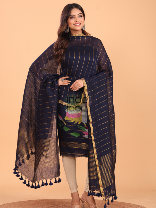Navy Blue Linen Jamdani 2-Piece Set Kurti & Dupatta (UNSTITCHED) - 057