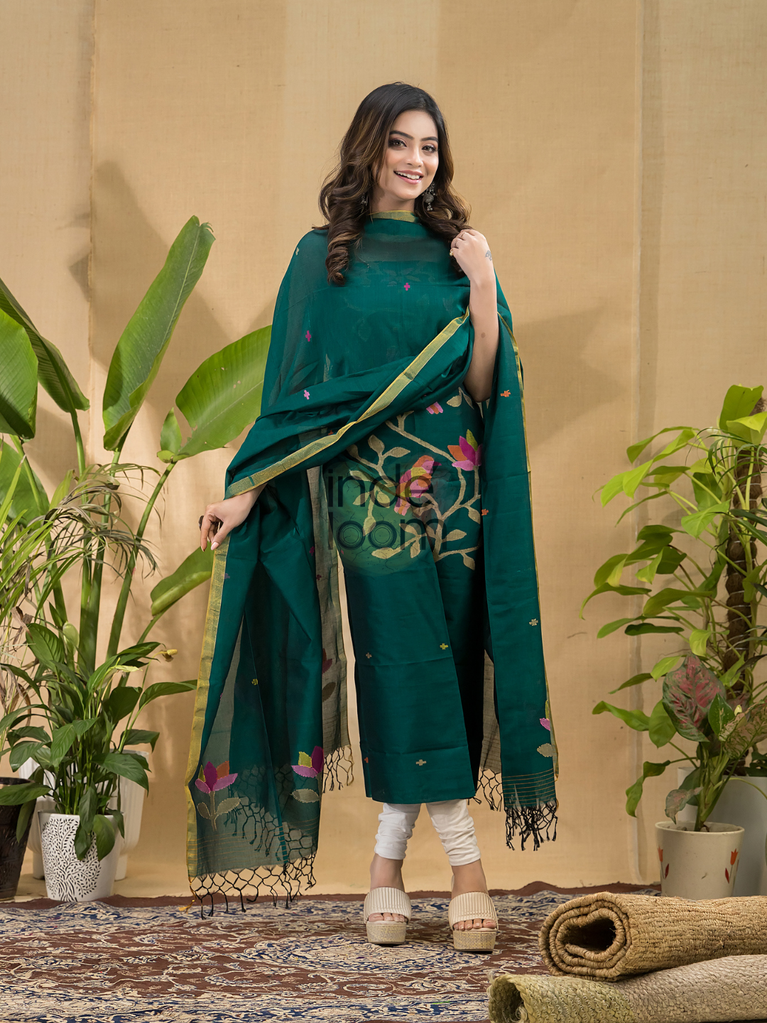 Dark Green Jamdani 2-Piece Set Kurti & Dupatta (UNSTITCHED) -707