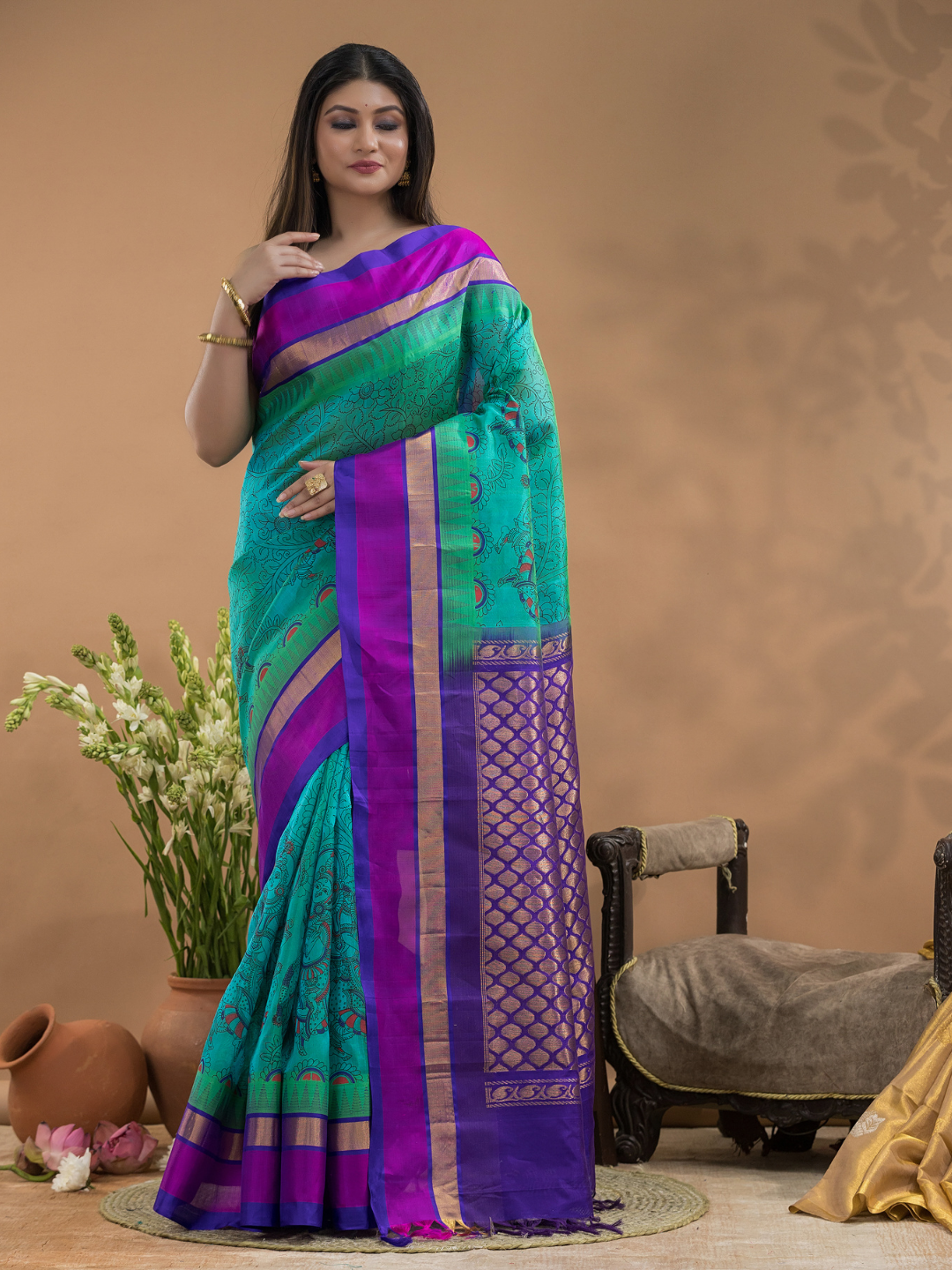 Sky Blue Purple Border Pure Handloom Korvai Silk Cotton Saree In-184