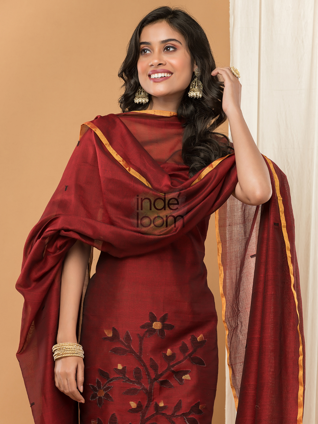 Handloom Jamdani Unstitched 2-Piece Kurti  |  Maroon