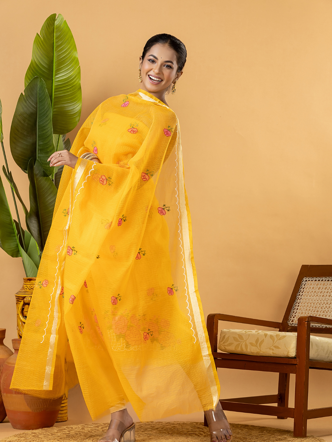 Classic Kota Doria Cotton Unstitched 2-Piece Kurti | Marigold Yellow