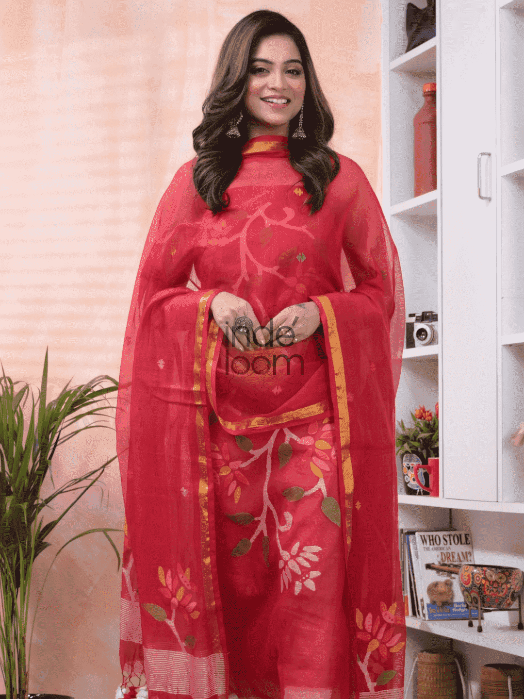Ruby Red Jamdani 2-Piece Set Kurti & Dupatta (UNSTITCHED) -607