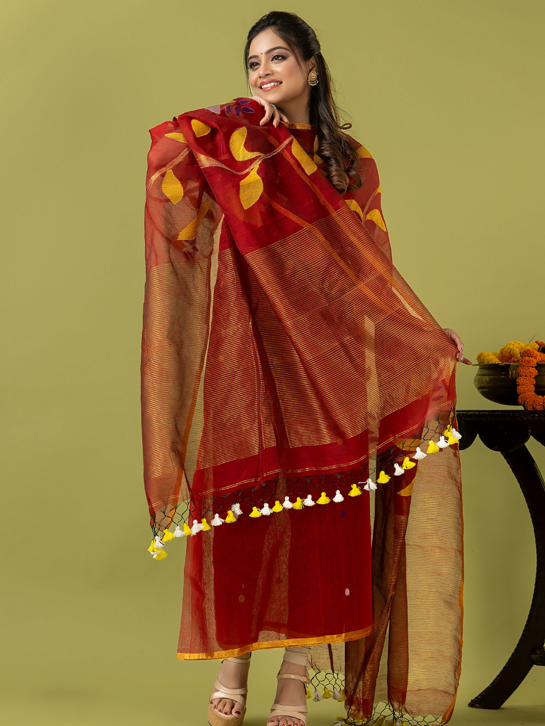 Handwoven Jamdani Silk Cotton Unstitched 2-piece Kurti | Deep Red