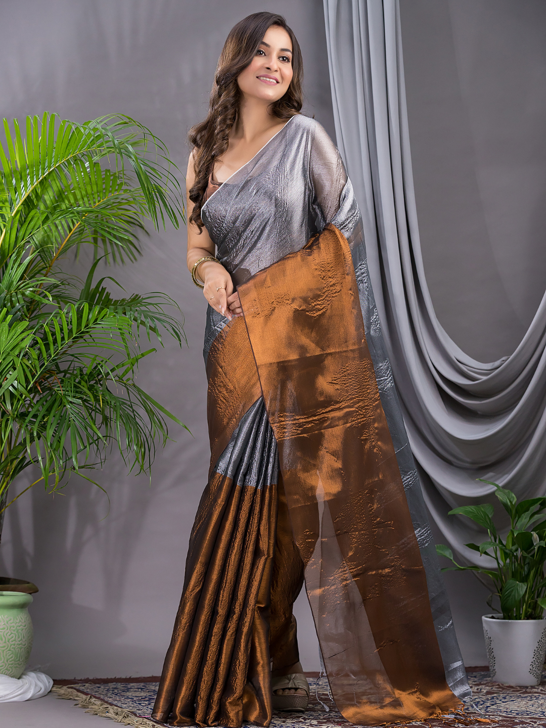 Tissue Silk Saree With Charcoal Grey- 016