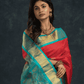 Pure Handloom Korvai Lakshadeepam Saree in Chilli Red & Sky Blue Border- 007