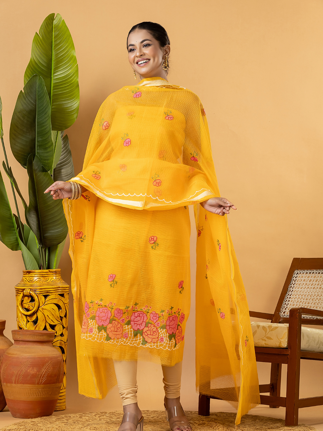 Classic Kota Doria Cotton Unstitched 2-Piece Kurti | Marigold Yellow