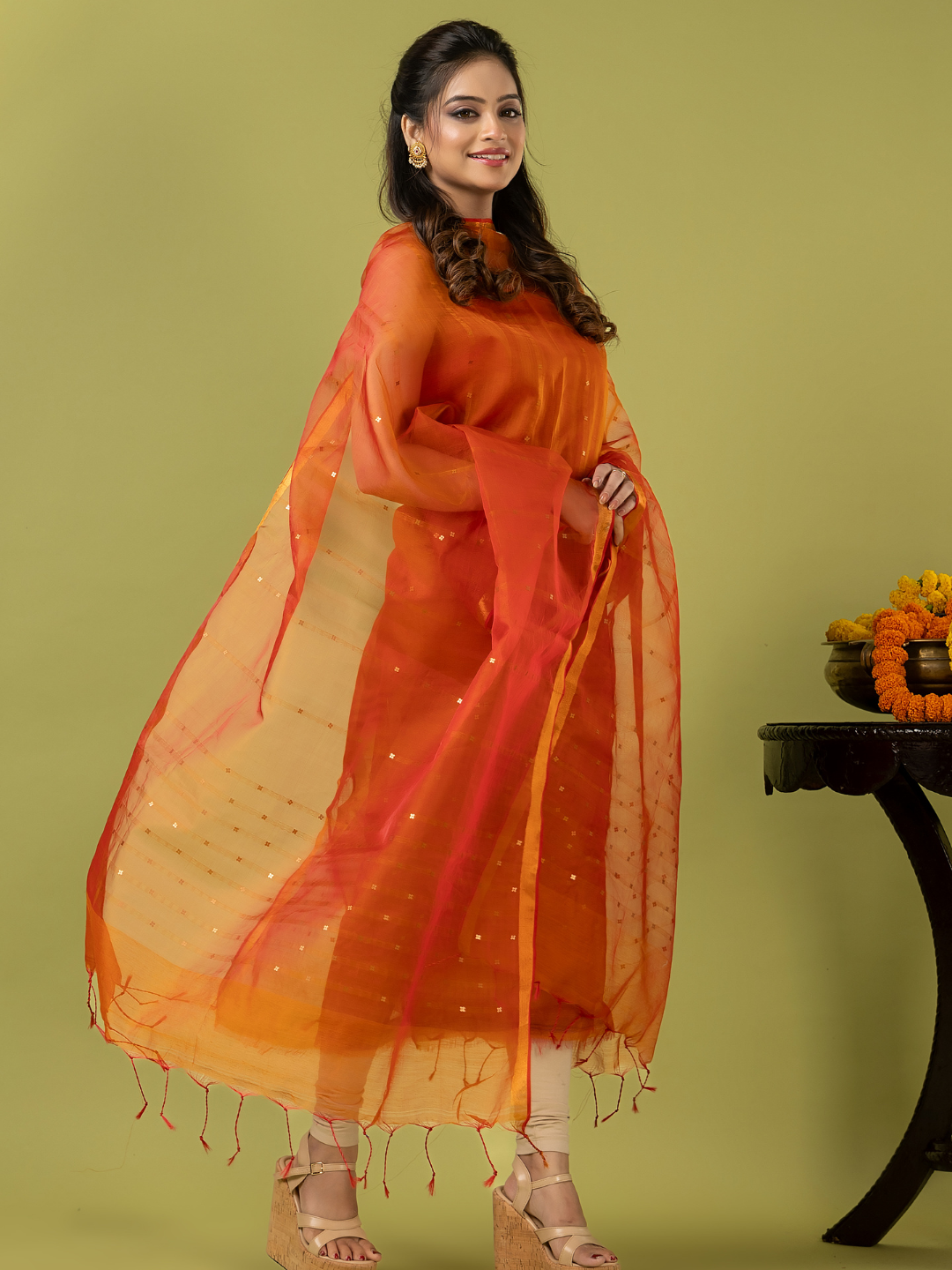 Handwoven Jamdani Muslin Unstitched 2-piece Kurti | Burnt Orange
