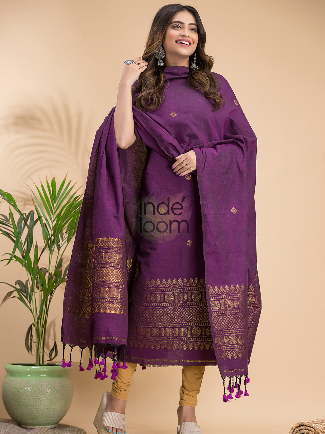 Plum Purple | Handloom Jamdani Linen Unstitched 2-Piece Kurti