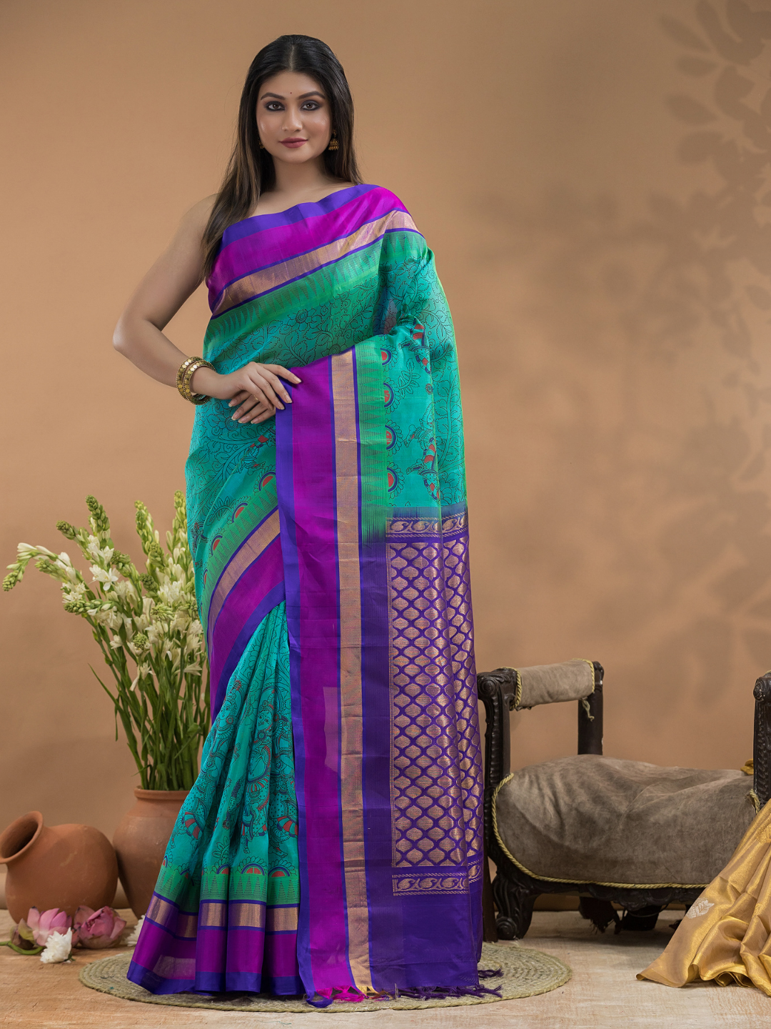 Sky Blue Purple Border Pure Handloom Korvai Silk Cotton Saree In-184