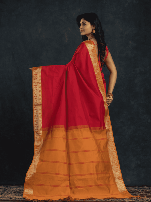 Pure Handloom Korvai Saree in Passion Red & Mustard With Golden Pecock - 185