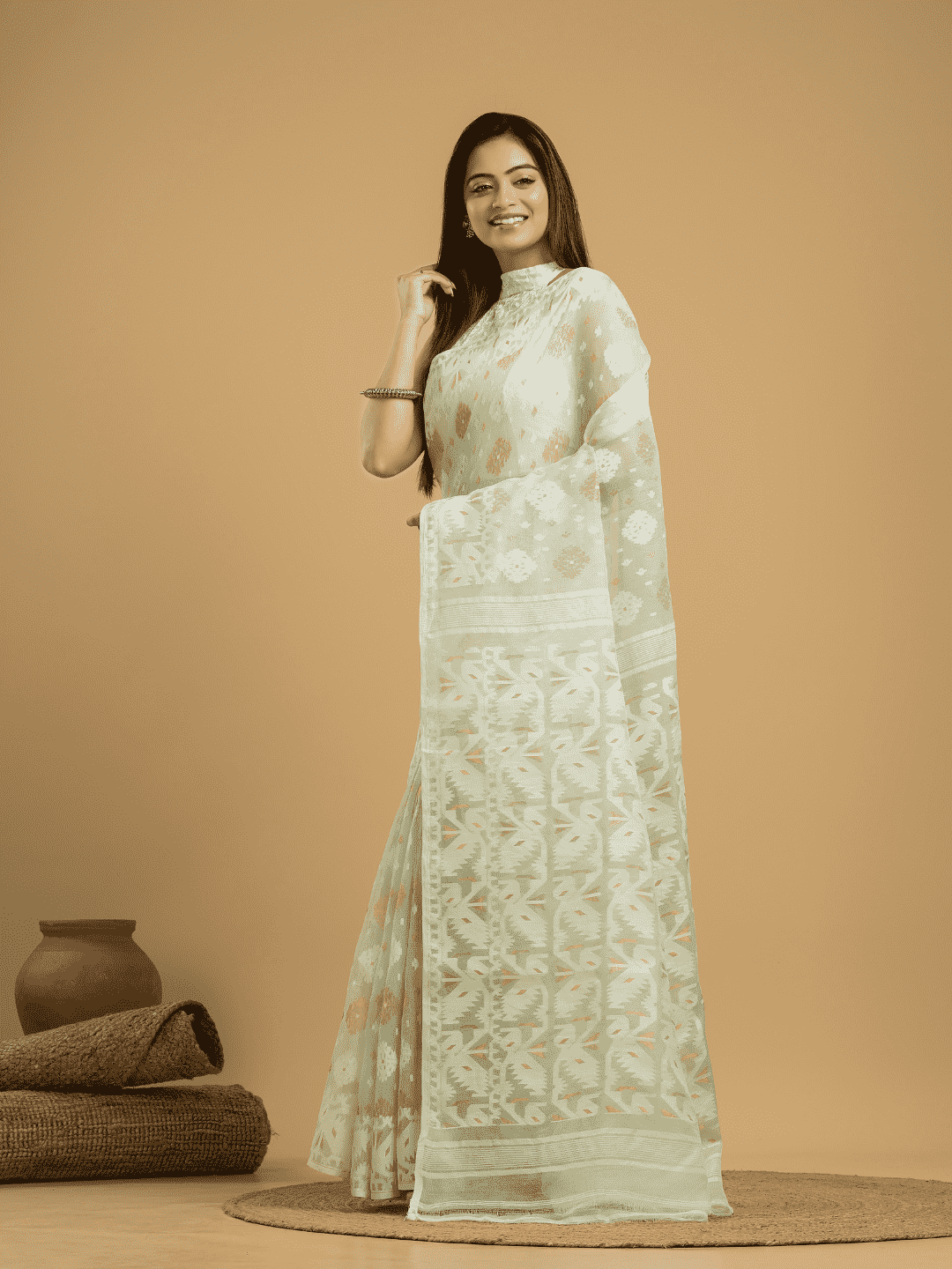 Light Green Jamdani Saree - 052 - indeloom