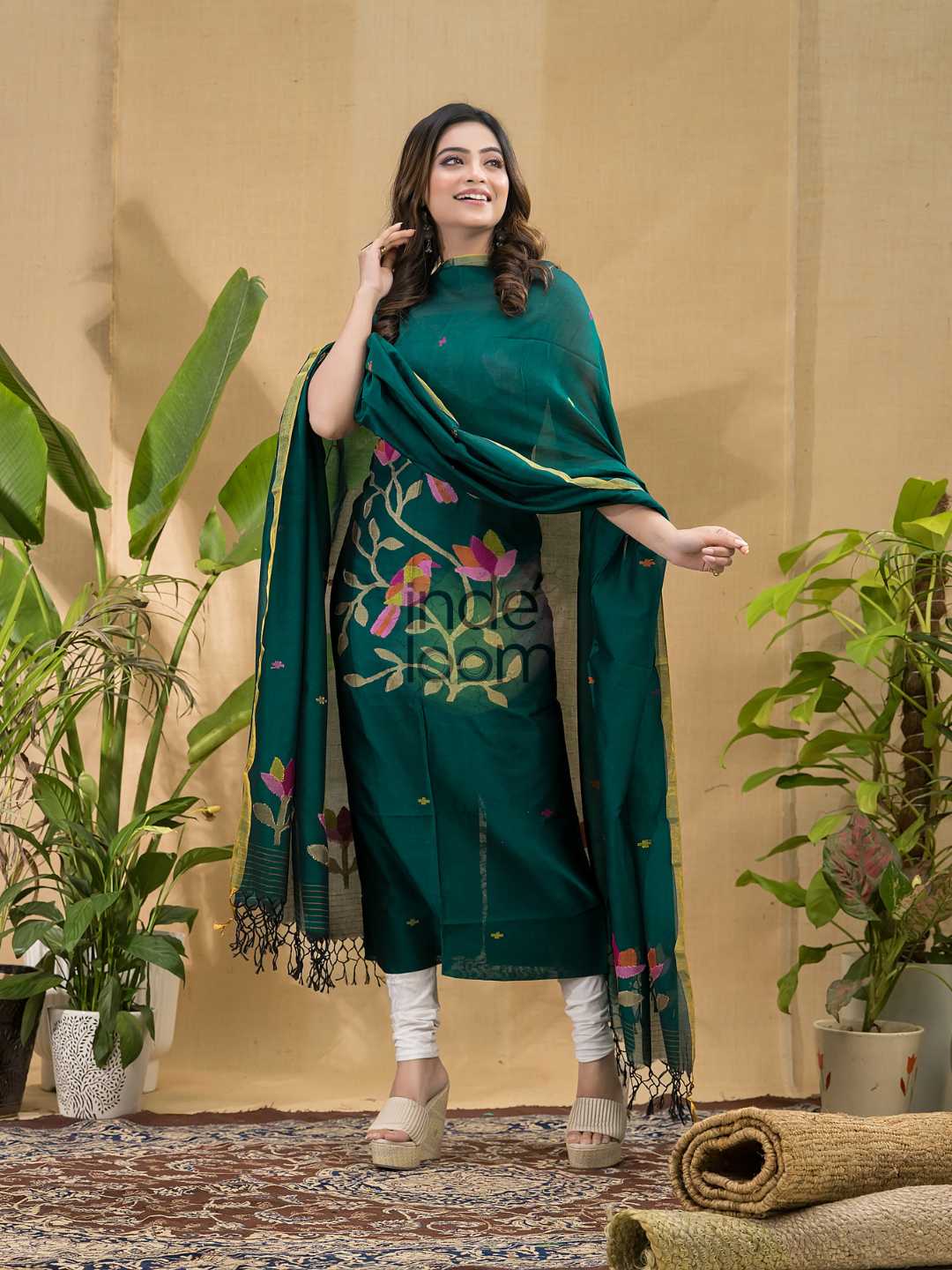 Dark Green Jamdani 2-Piece Set Kurti & Dupatta (UNSTITCHED) -707